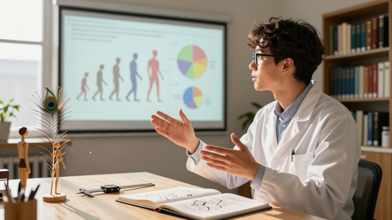 Cientista em bata branca explica evolução humana com gráficos e modelos na mesa de trabalho.