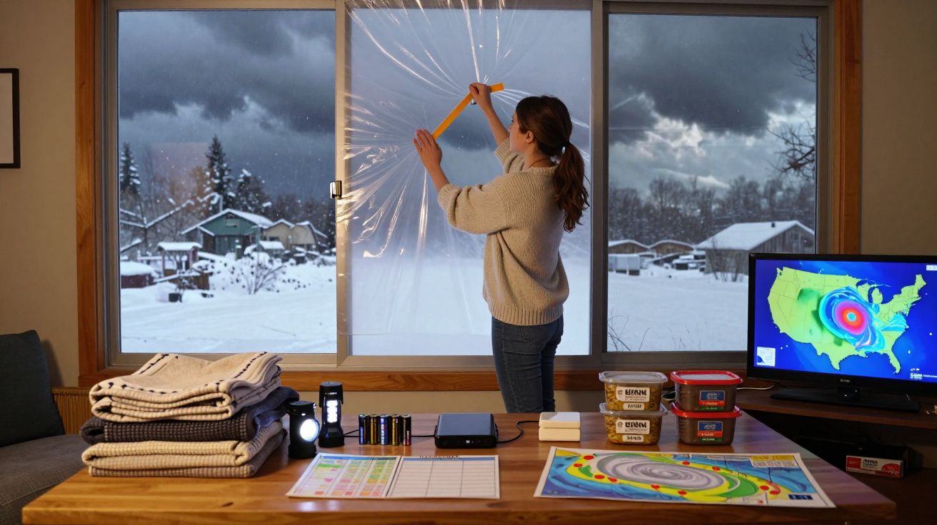 Mulher cola plástico na janela para proteger a casa durante passagem de furacão com neve lá fora.