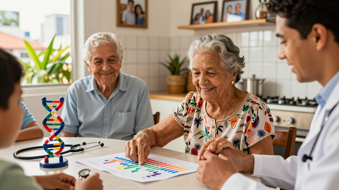 Idosos e profissionais de saúde analisam gráfico de ADN numa reunião em ambiente doméstico.
