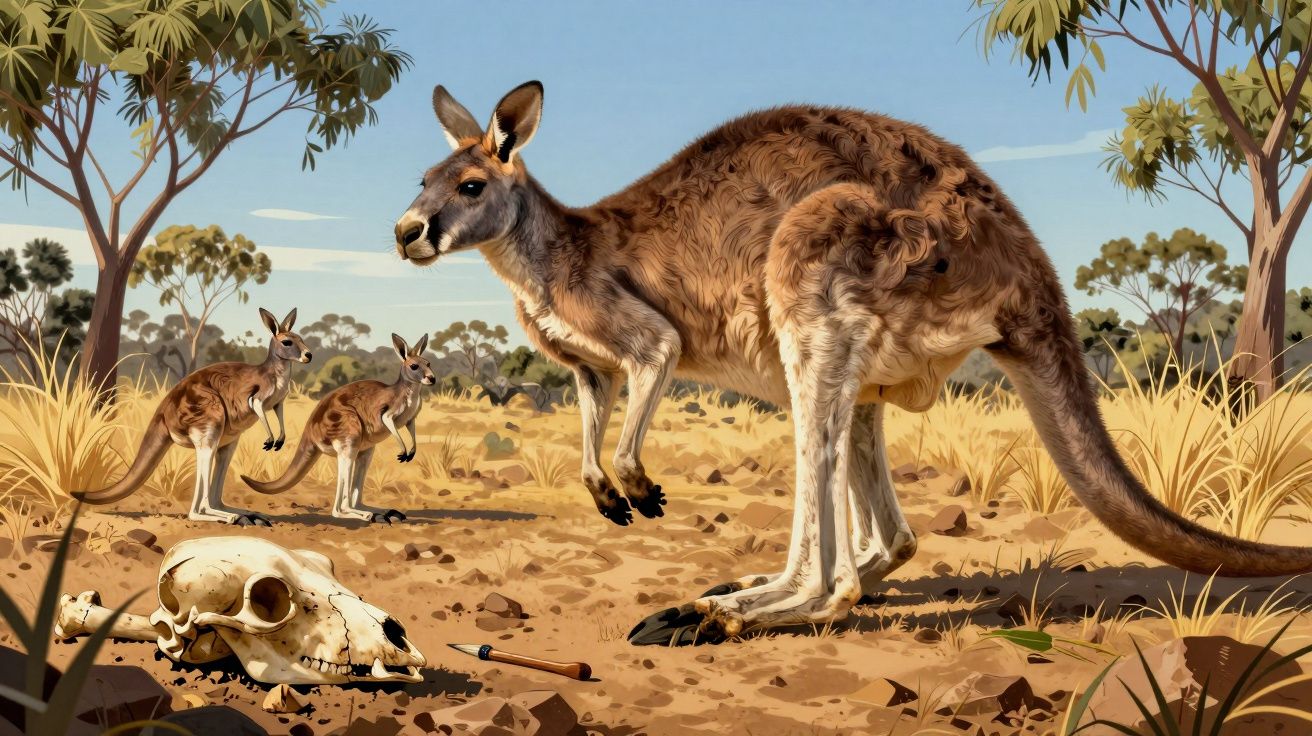 Cangurus em ambiente seco com crânios no chão e vegetação esparsa ao fundo, sob céu azul claro.
