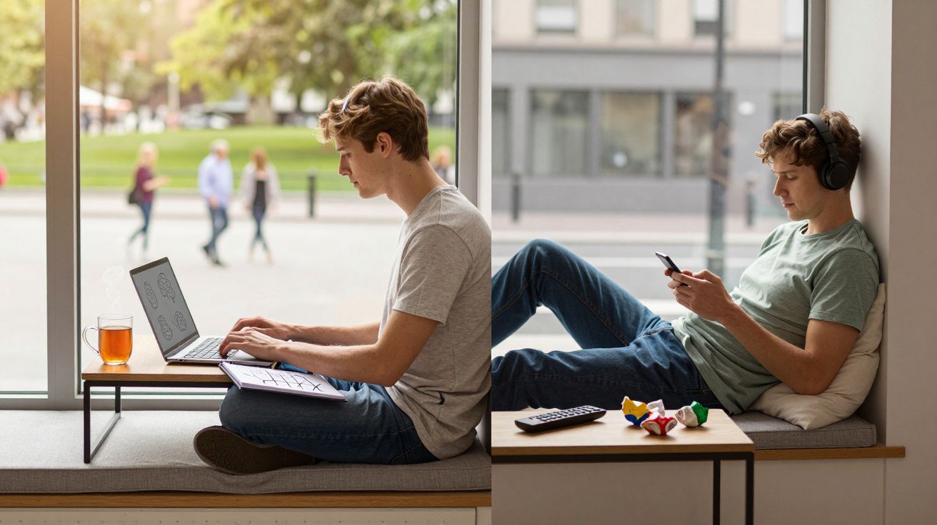 Jovem com cabelo castanho a trabalhar no portátil e outro a ouvir música com auscultadores junto a janelas grandes.