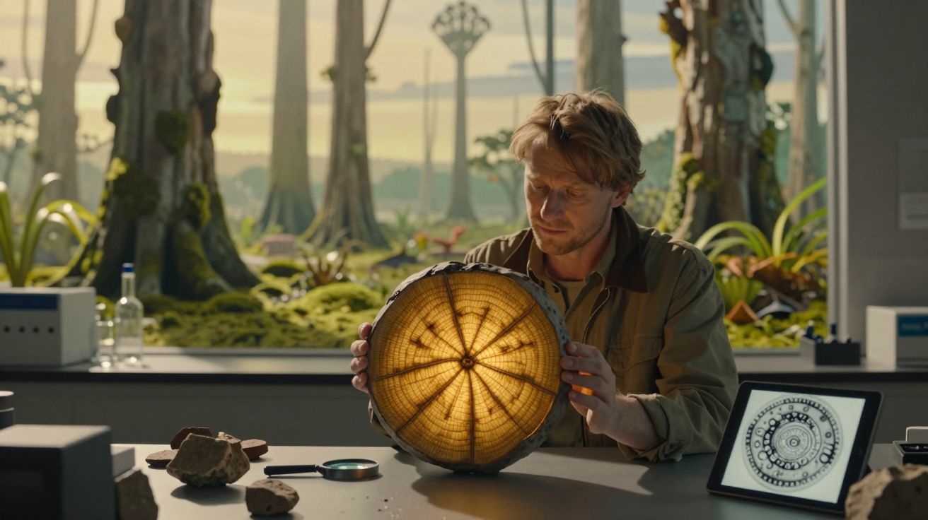 Homem a analisar secção transversal iluminada de tronco de árvore numa mesa com lupa e tablet, ao fundo vegetação.