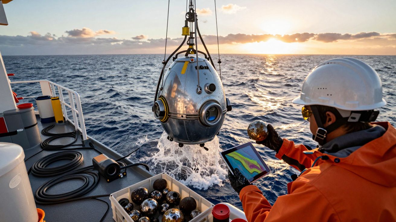 Equipamento oceânico a ser içado para bordo de um navio ao pôr do sol, com técnico a monitorizar dados.