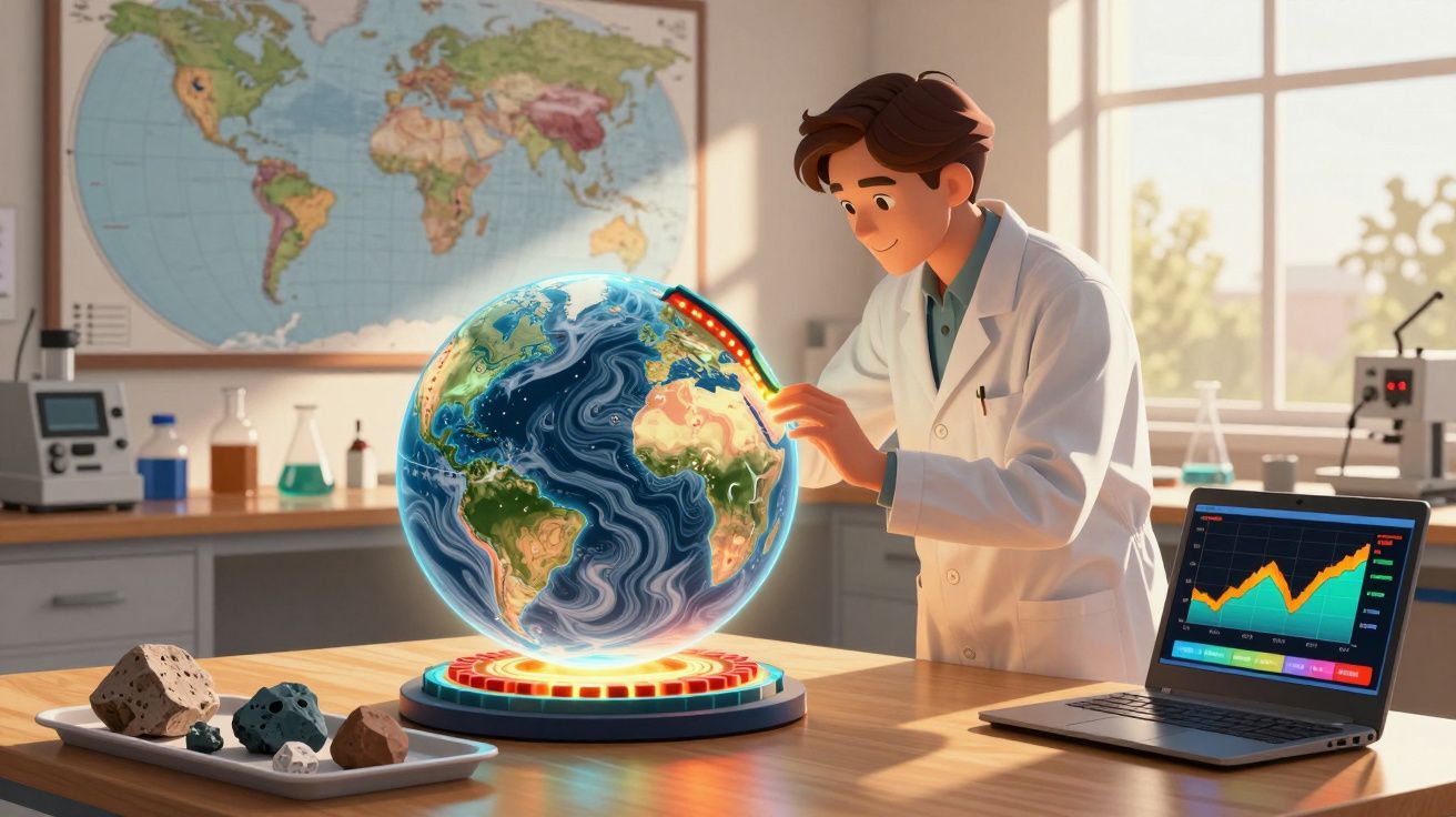Cientista em laboratório analisa globo terrestre holográfico com gráficos e rochas na mesa.