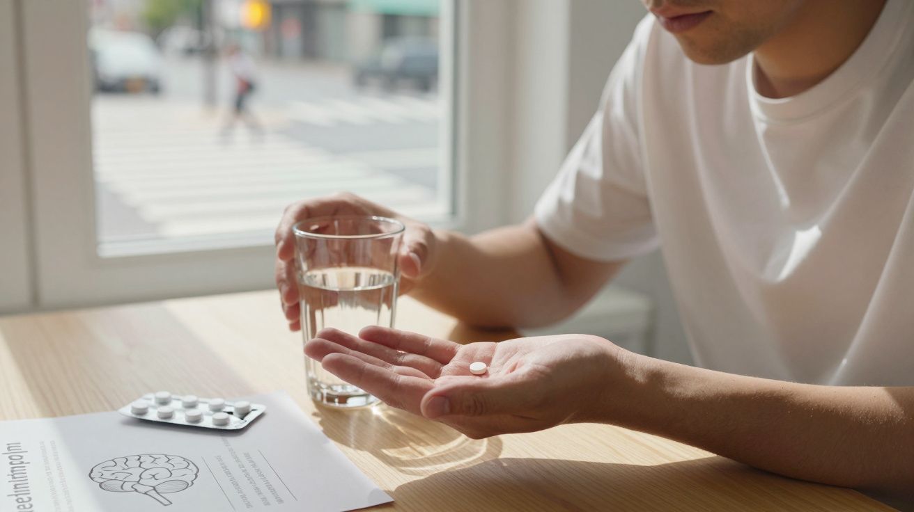 Pessoa segurando comprimido numa mão e copo de água na outra, sentada à mesa junto a janela.