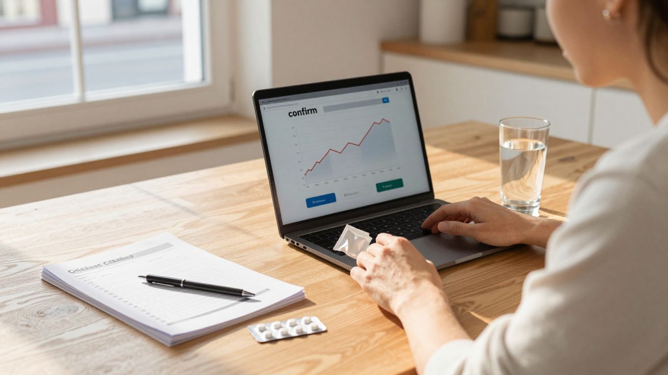 Pessoa a trabalhar num gráfico num portátil, com comprimidos, papel e copo de água numa mesa de madeira.