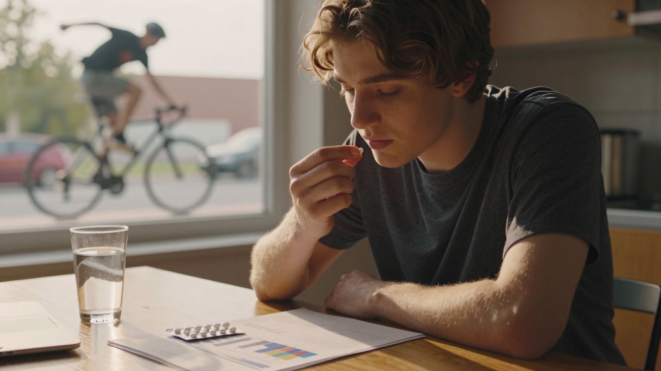 Jovem a tomar um comprimido sentado à mesa com gráficos e copo de água num ambiente interior.