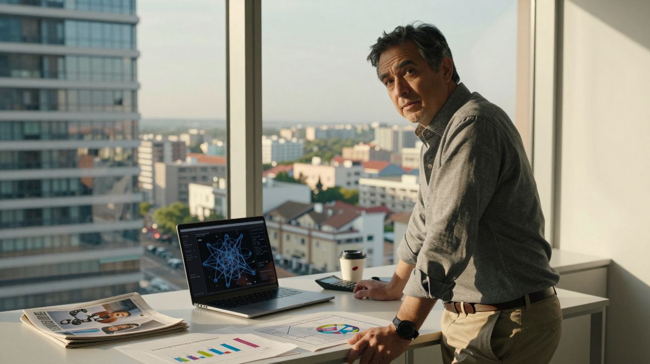 Homem de negócios junto à janela do escritório com gráficos, portátil e café numa mesa iluminada pelo sol.