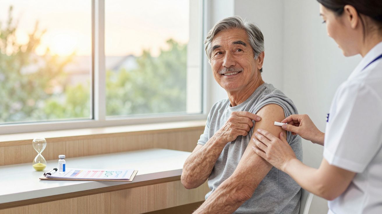 Homem sénior a receber uma vacina no braço num consultório com luz natural.