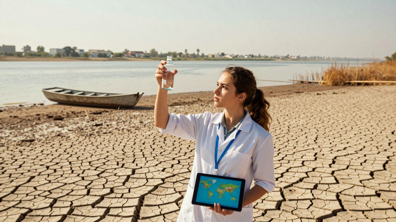 Investigadora numa área de solo seco e rachado segura um frasco com água e um tablet com mapa mundi.