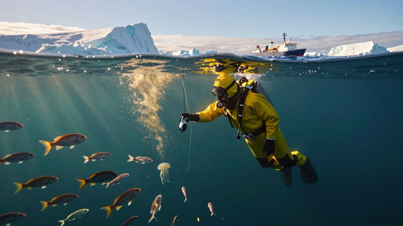 Mergulhador com fato amarelo em águas geladas observa peixe e água-viva, com icebergues e navio ao fundo.