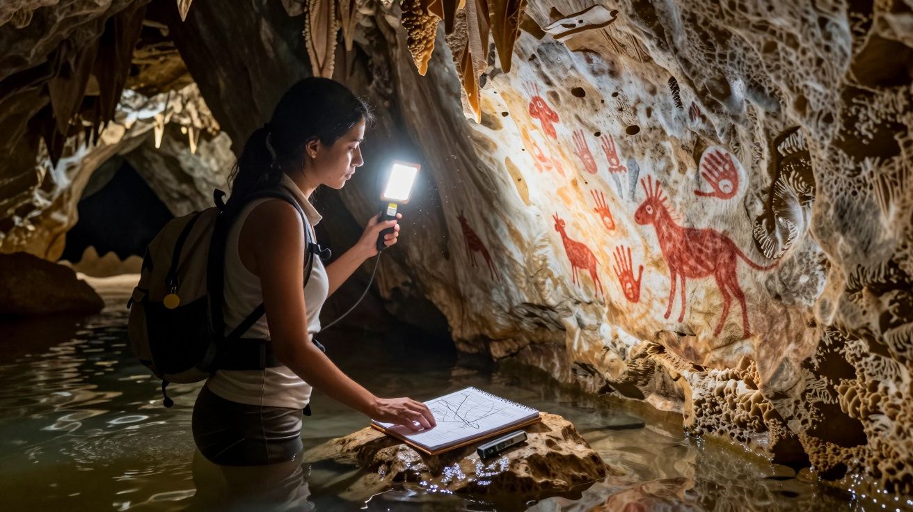 Mulher com mochila estuda pinturas rupestres numa gruta, iluminada por luz artificial, em água rasa.