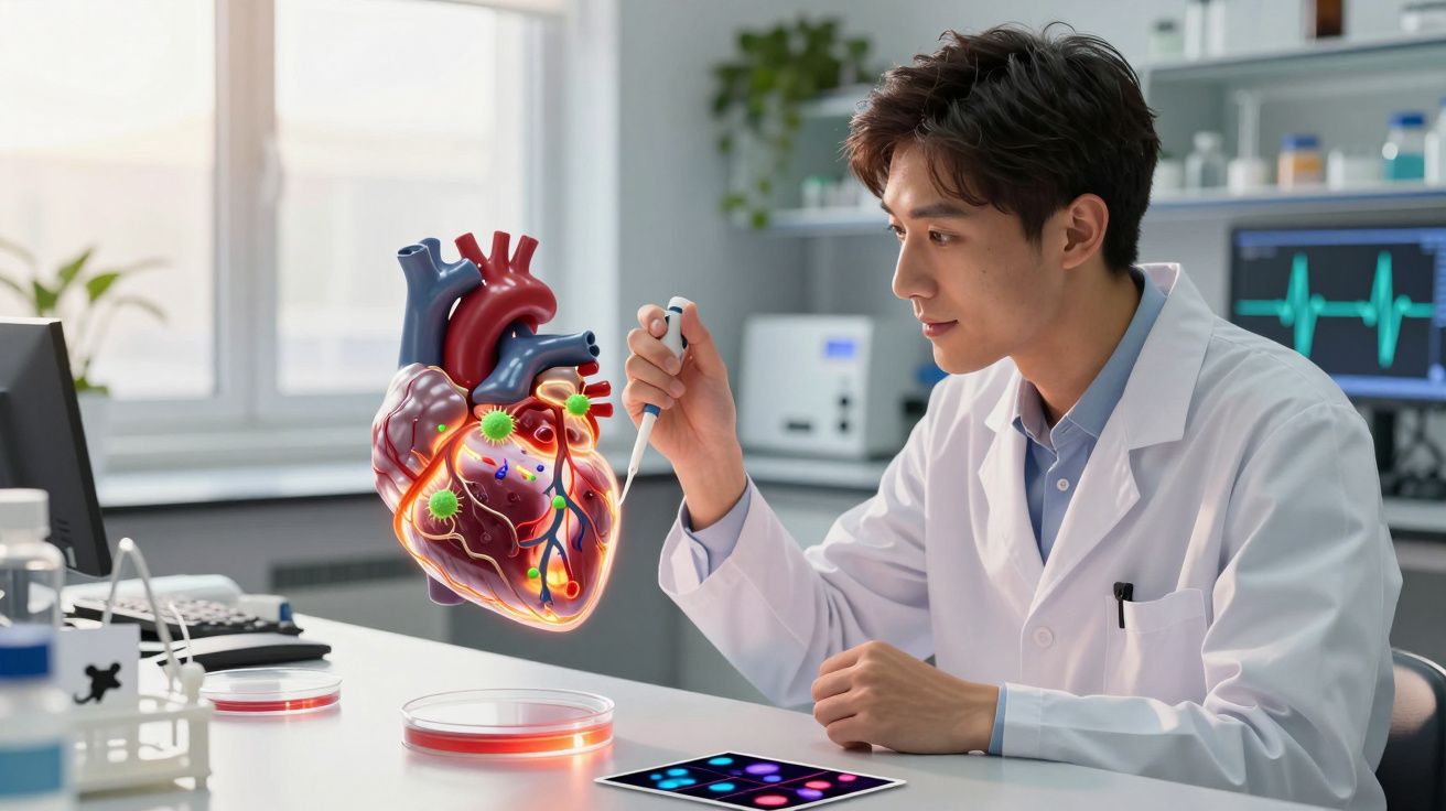 Cientista a realizar pesquisa com modelo digital de coração e amostras em laboratório moderno.