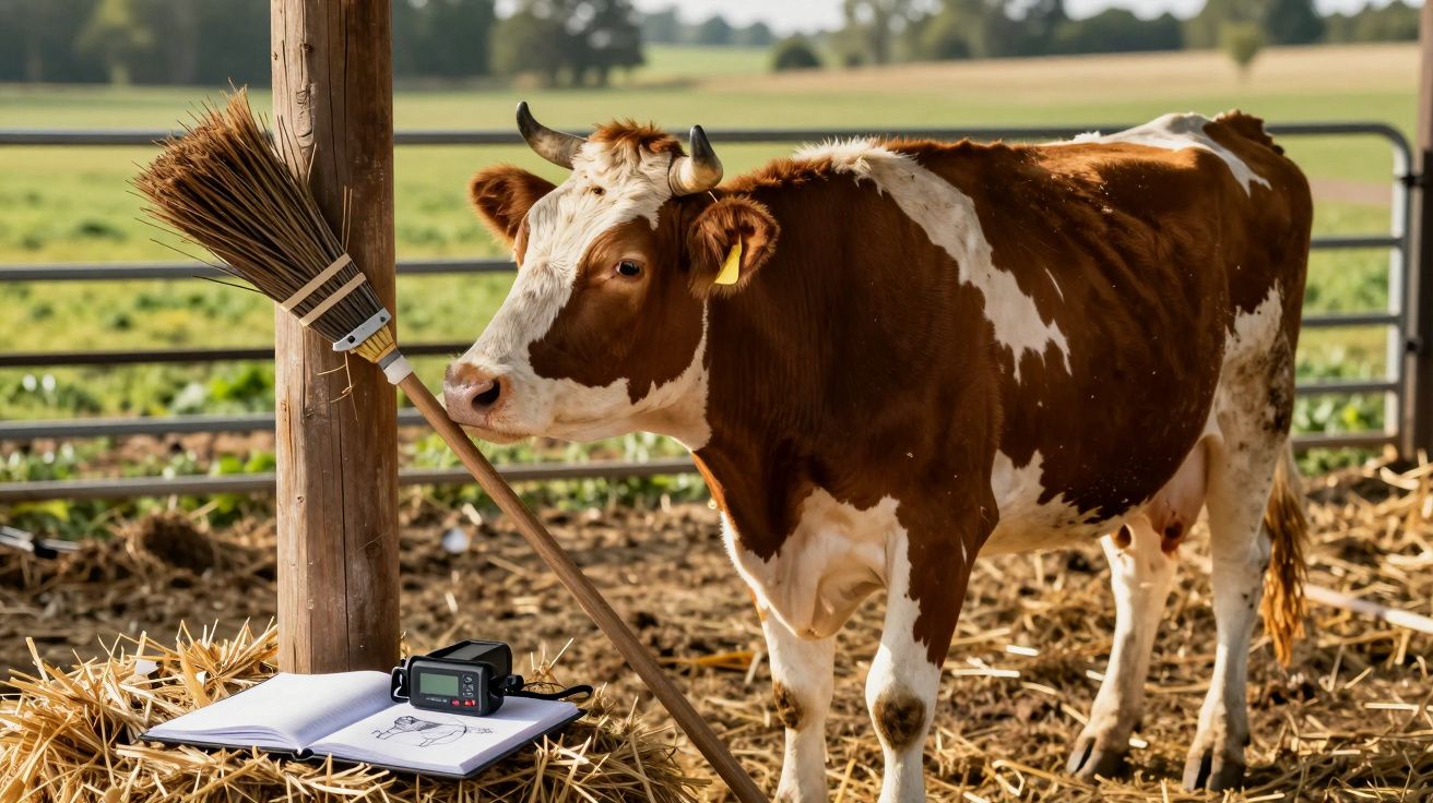 Vaca castanha e branca num curral com vassoura, caderno aberto e monitor eletrónico num ambiente rural.