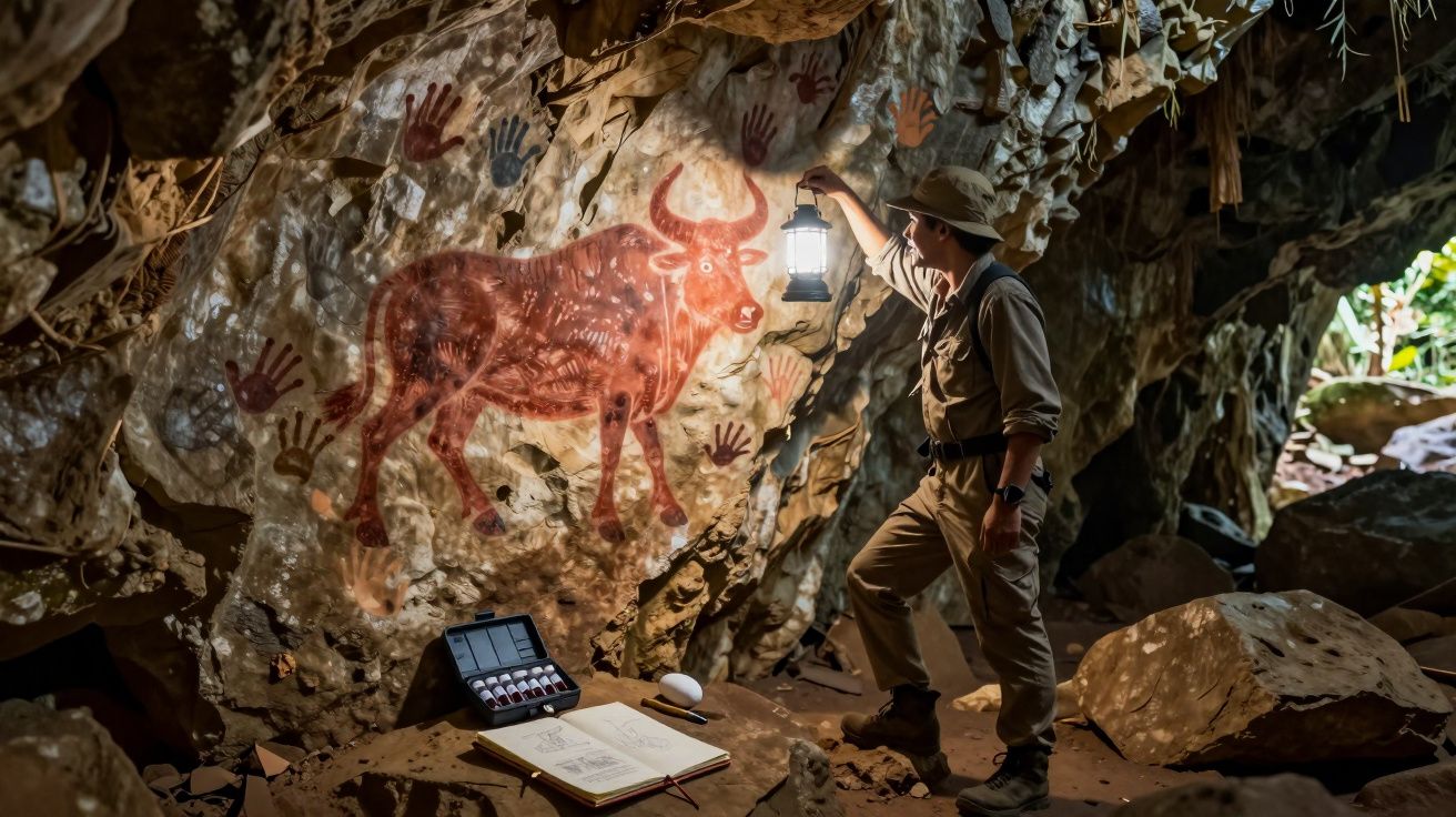 Homem com lanterna examina pinturas rupestres de um búfalo e mãos na parede de uma caverna.