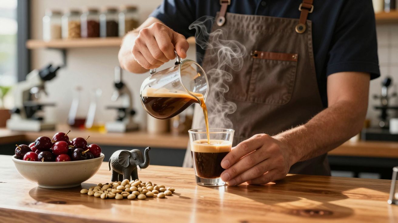 Barista a servir café quente numa chávena de vidro numa mesa com cerejas e grãos de café.