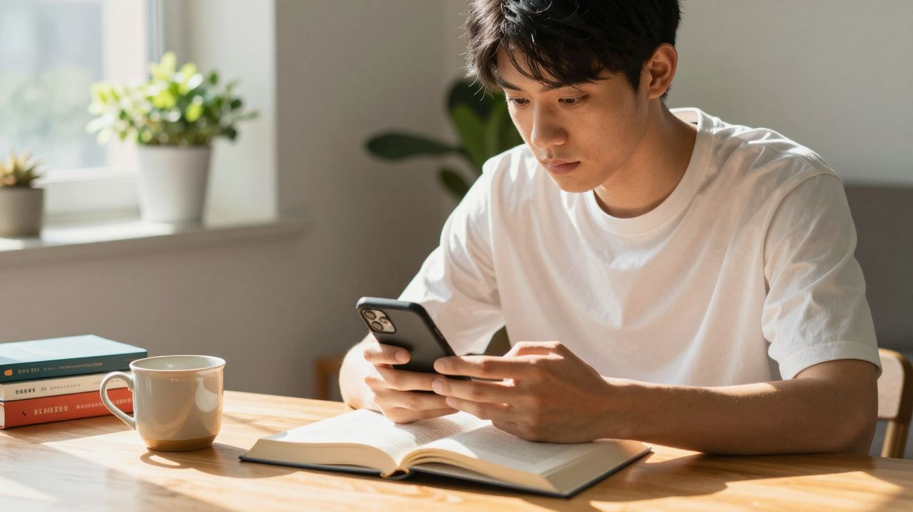 Jovem sentado numa mesa com livro aberto, a usar telemóvel, com chá e livros ao lado, perto de janela com plantas.