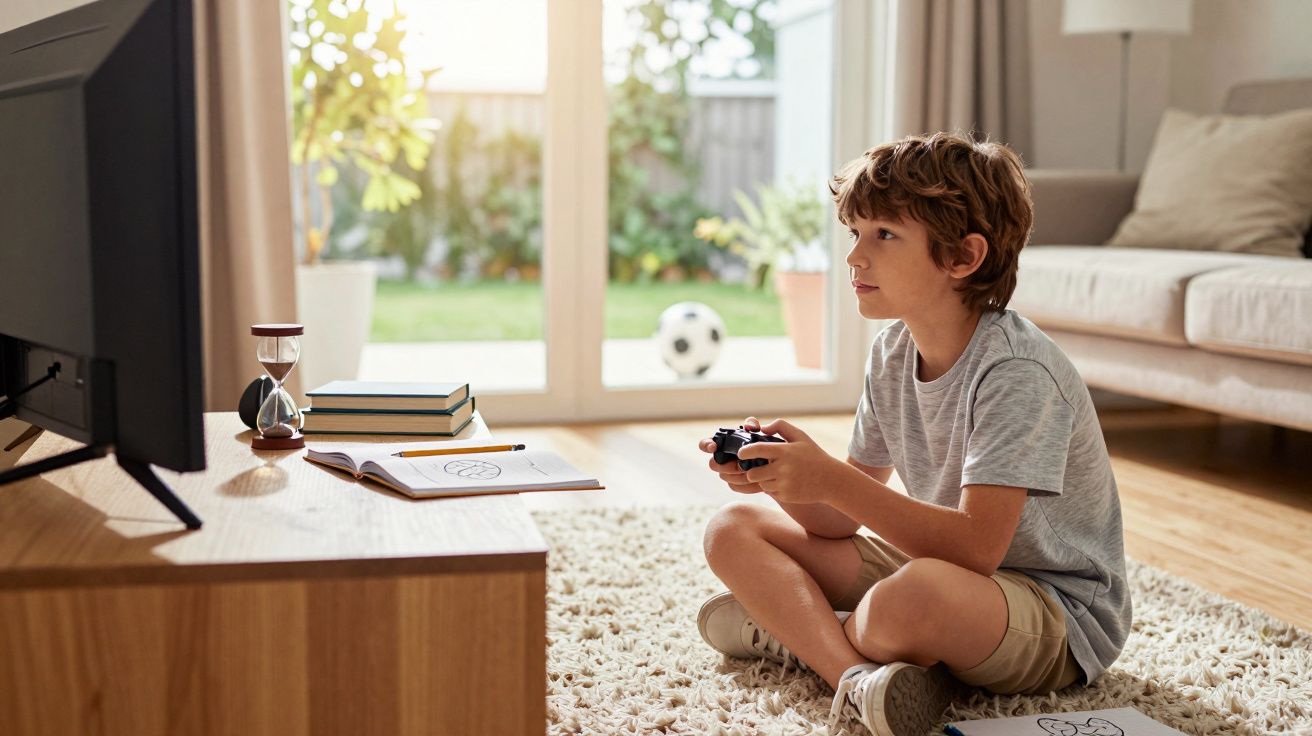 Menino sentado no chão da sala a jogar videojogos com comando, perto de livros e desenho.