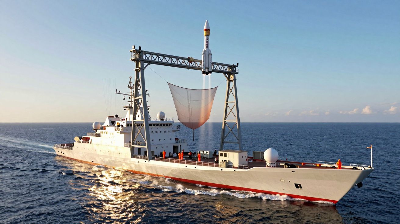 Navio experimental em alto mar lança um foguete acima de uma rede de captura suspensa.