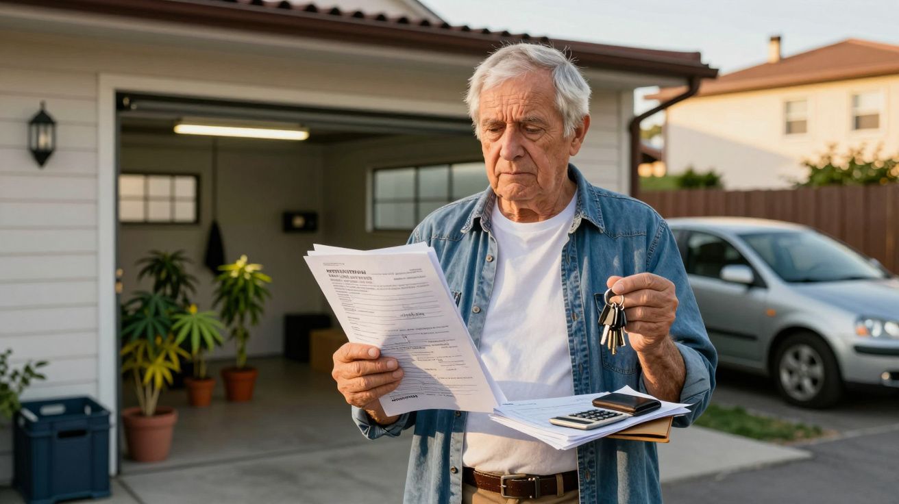 Homem idoso com chaves e documentos em frente a garagem, parecem ser papéis de carro ou casa.