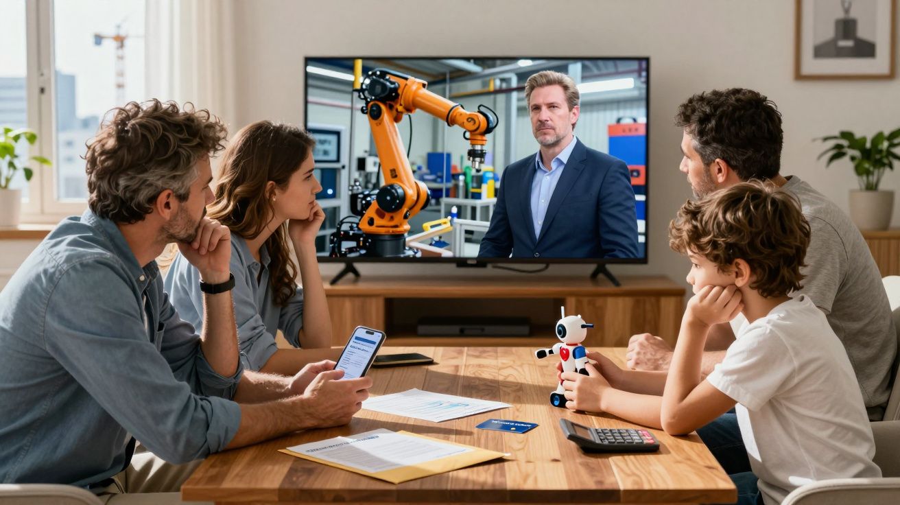 Família sentada à mesa a assistir a uma apresentação sobre robótica na televisão, com documentos e calculadora.