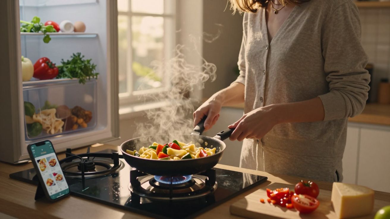 Pessoa a cozinhar massa com legumes numa frigideira num fogão a gás numa cozinha moderna.