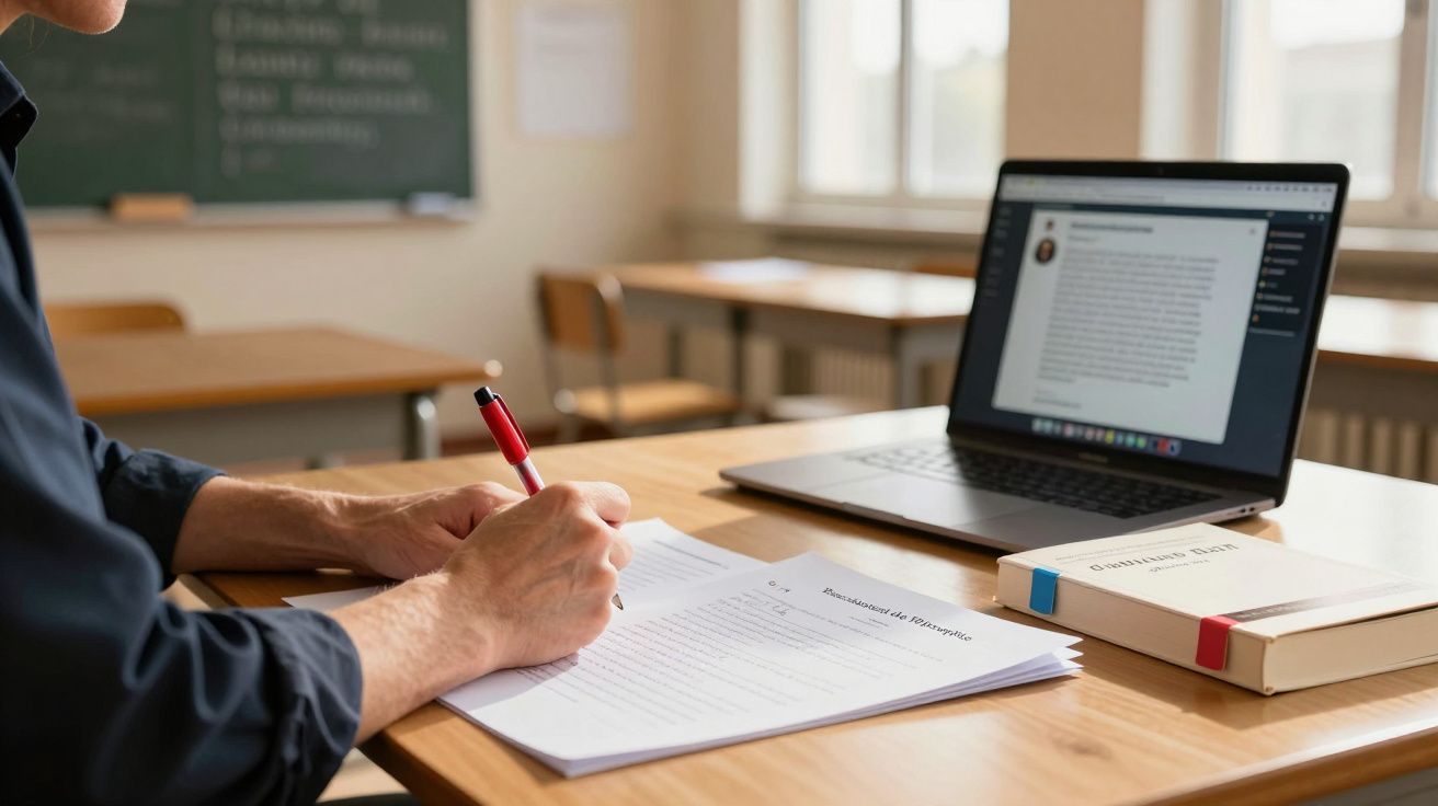 Pessoa a escrever num teste em papel numa sala de aula com computador portátil aberto e livros sobre a mesa.