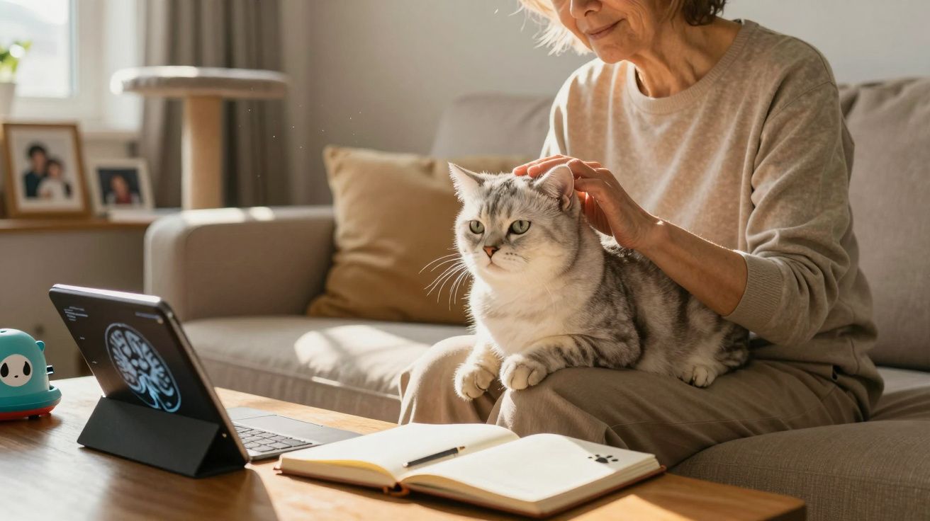 Mulher sentada no sofá a fazer carinho num gato cinzento, com livro aberto e tablet na mesa à frente.