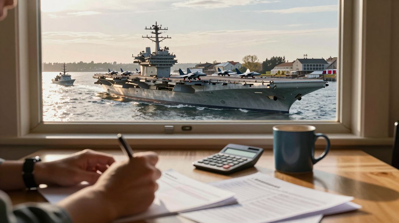 Porta-aviões a navegar visto através de uma janela com uma pessoa a escrever numa secretária.
