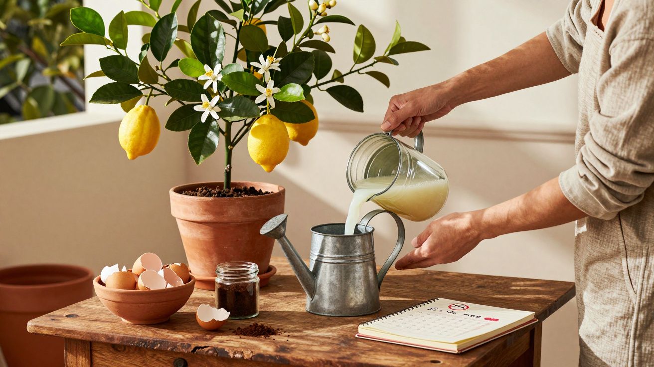 Pessoa a verter líquido num regador junto a uma planta de limão, cascas de ovos e caderno sobre mesa de madeira.