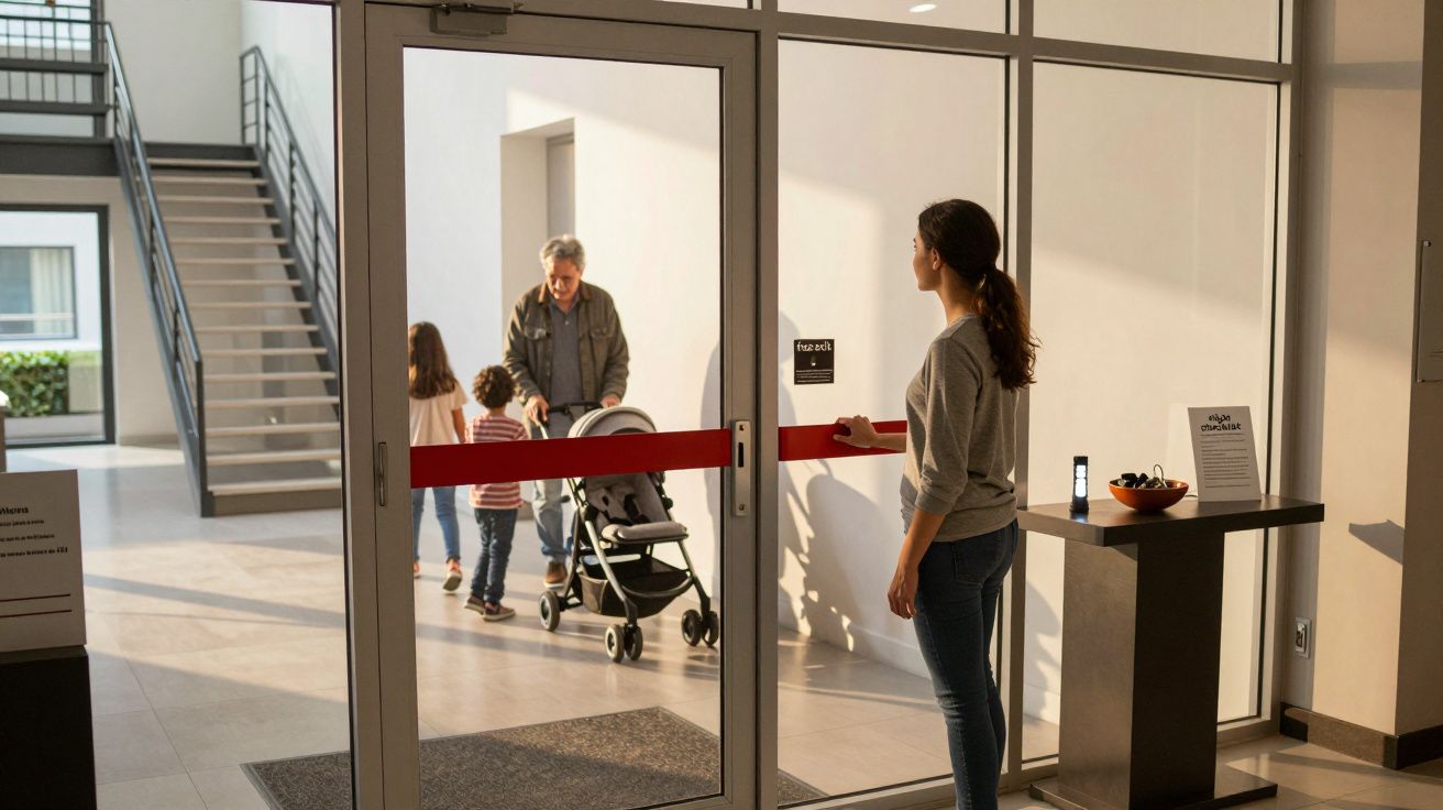 Mulher num edifício espera pela abertura da porta, enquanto homem empurra carrinho com duas crianças ao fundo.
