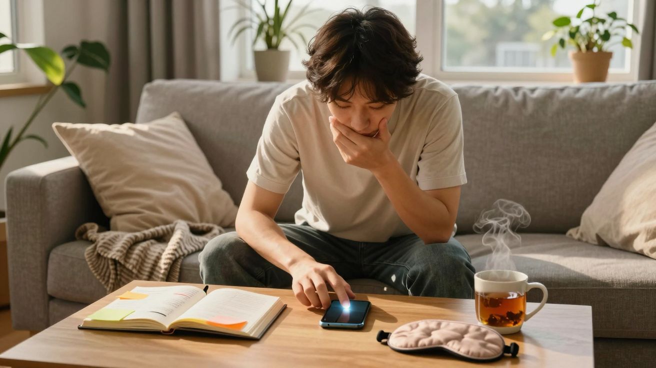 Homem sentado no sofá a olhar preocupado para o telemóvel, com livro aberto e chá na mesa à frente.