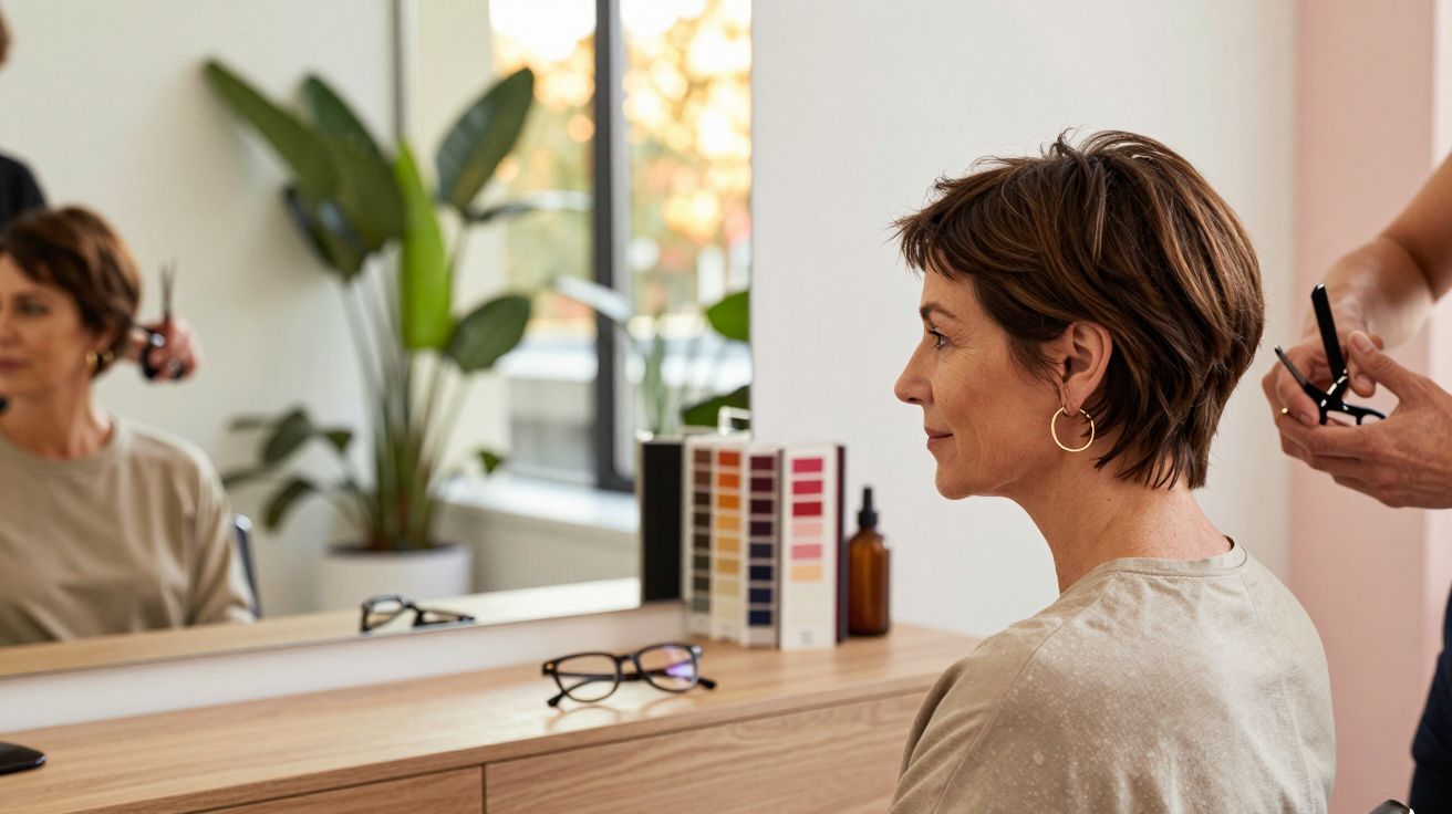 Mulher com cabelo curto a olhar para espelho num salão de cabeleireiro, com cabeleireiro a cortar cabelo.
