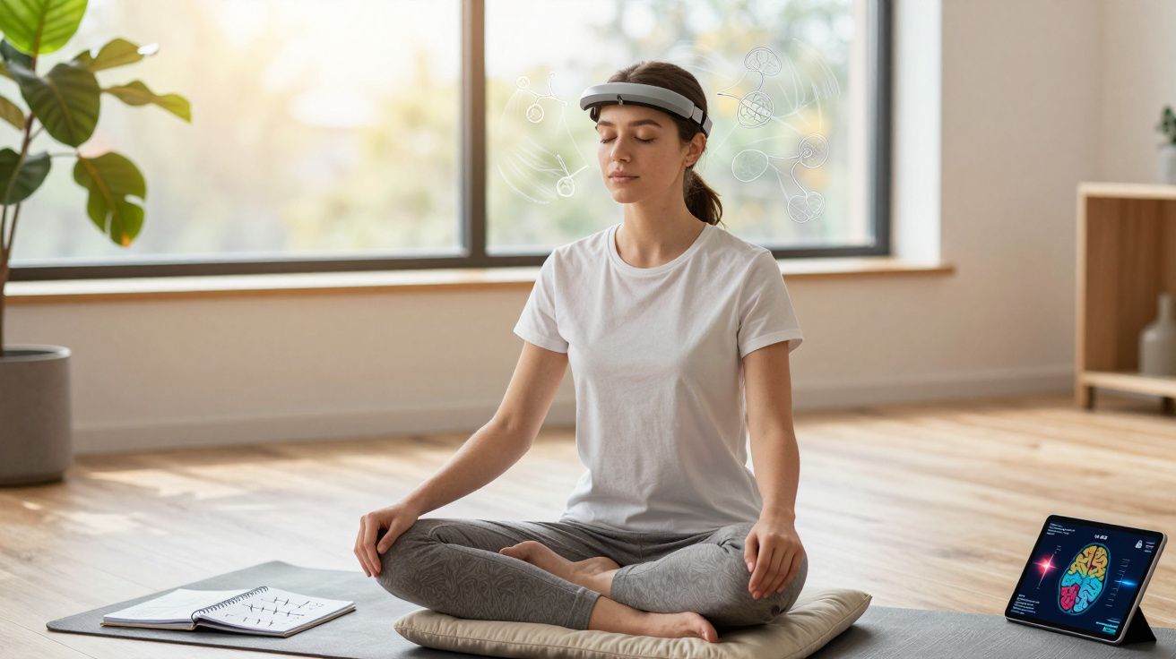 Mulher a meditar sentada no chão com dispositivo tecnológico na cabeça e tablet ao lado.