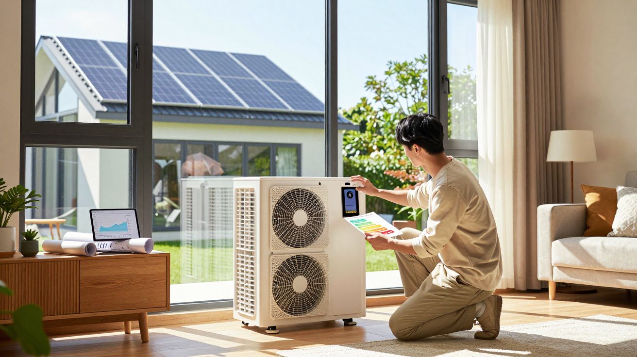 Homem ajusta aparelho de ar condicionado eficiente com painéis solares visíveis na casa ao fundo.