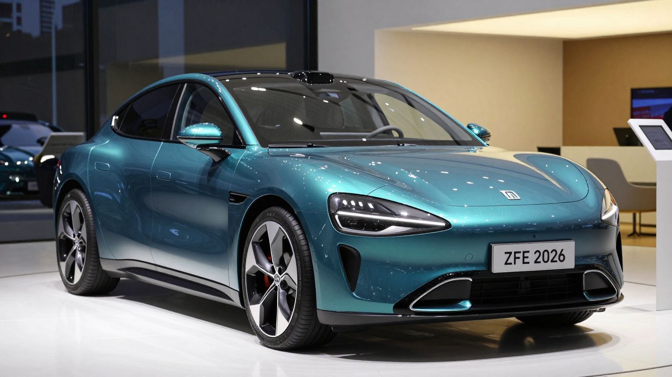 Carro elétrico desportivo azul exibido em salão, com faróis modernos e design aerodinâmico.