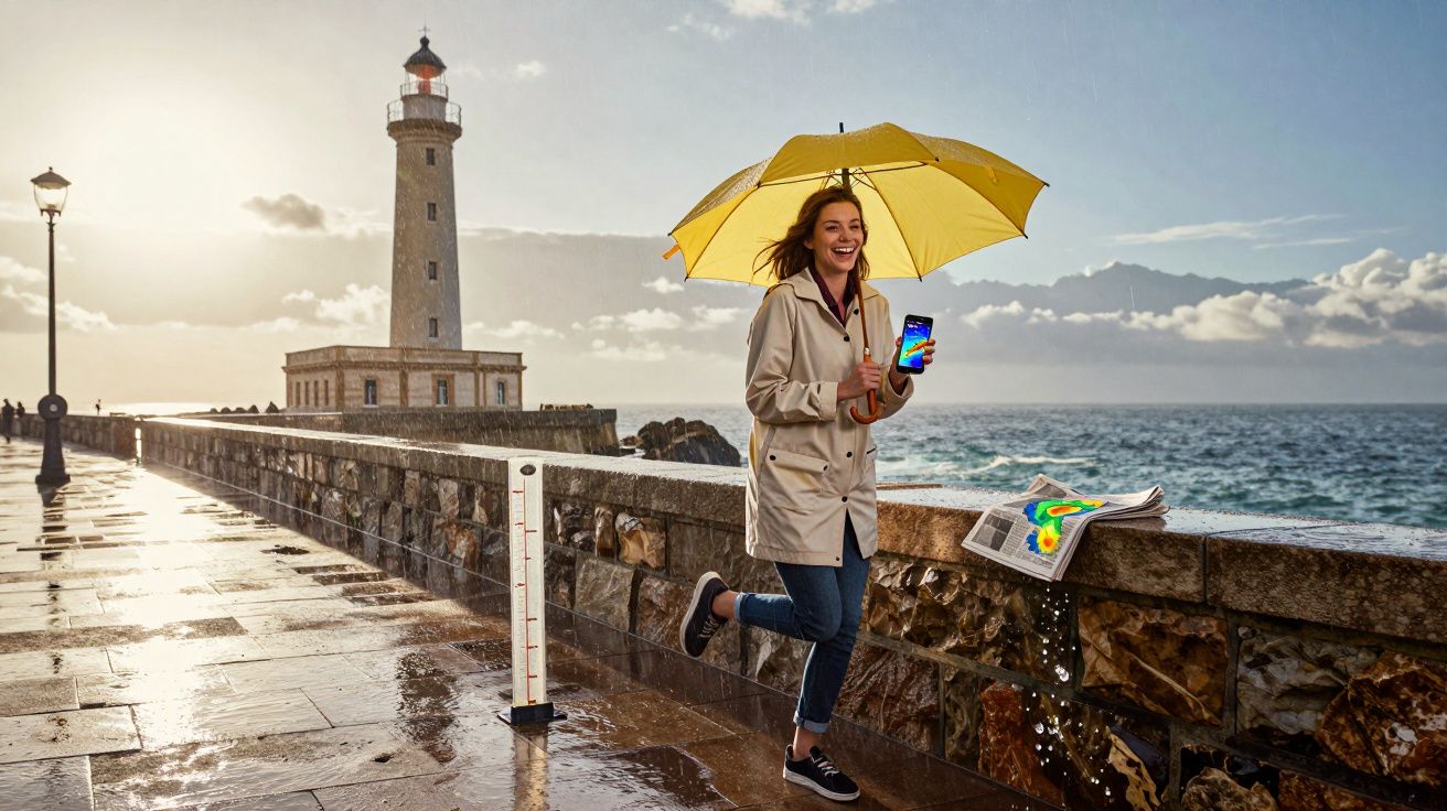 Mulher sorridente com guarda-chuva amarelo junto ao mar, farol ao fundo e chão molhado pela chuva.