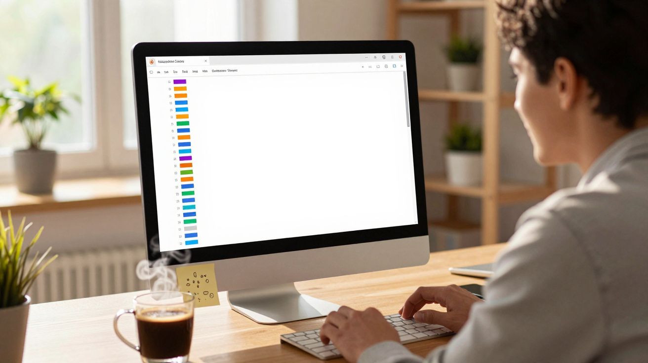 Pessoa a usar computador desktop com gráficos coloridos num escritório iluminado pela luz natural.